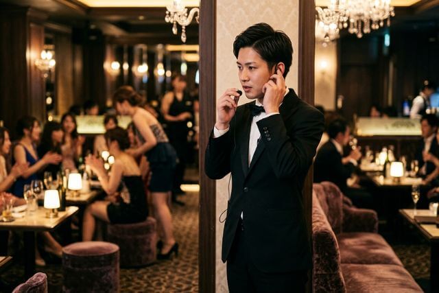 キャバクラの店内でインカムに手を当てて話している男性の黒服