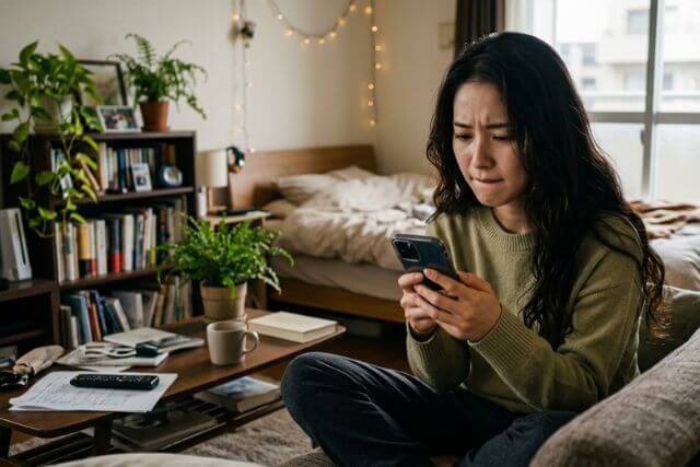 ソファに座ってスマホを見て困った表情の女性