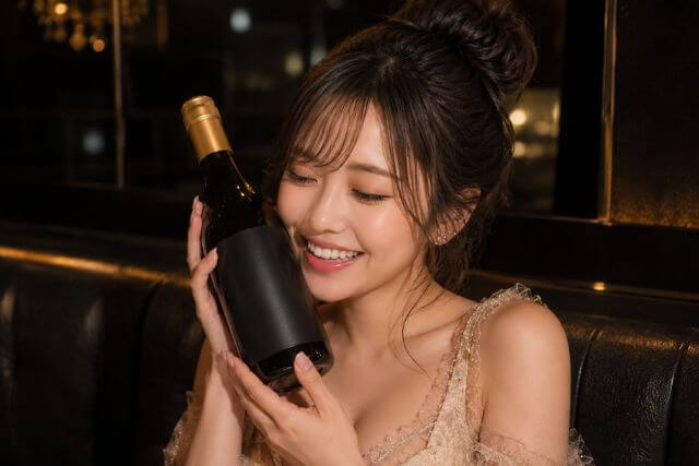 黒いワインボトルを頬に当てて笑顔の女性