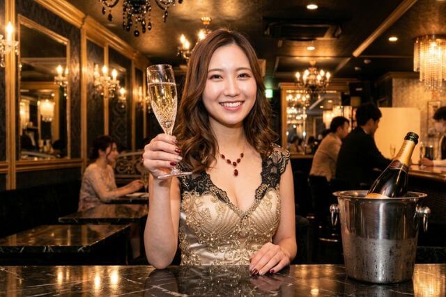 シャンパングラスを掲げるロングヘアの若いキャバ嬢