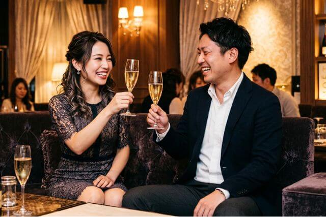 男性客とシャンパンで乾杯するキャバ嬢の女性