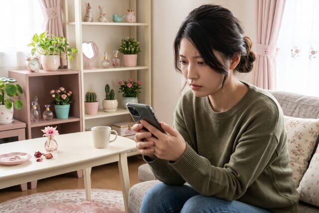 自宅のソファでスマホを真剣に見る女性