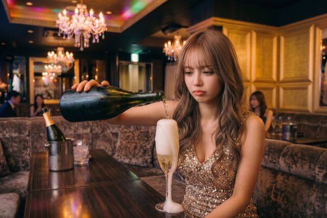 シャンパングラスが泡で溢れている状態で注いでいるキャバ嬢