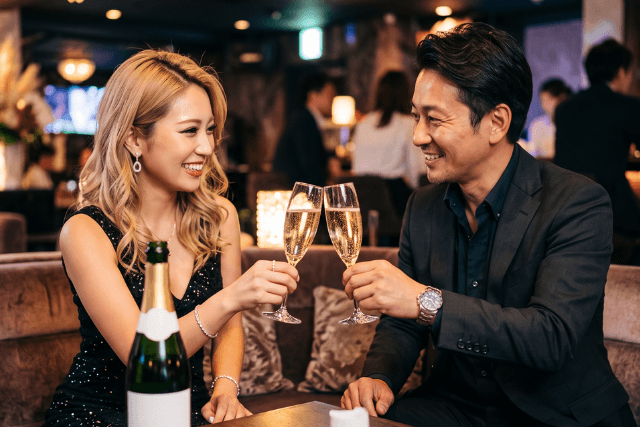 男性とキャバ嬢が乾杯している