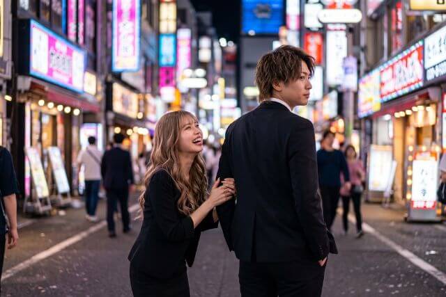 夜の繁華街で黒いスーツの男性の腕を掴んで笑顔の黒い服の女性