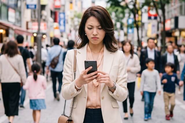 街でスマホを見ながら不機嫌そうな表情の女性
