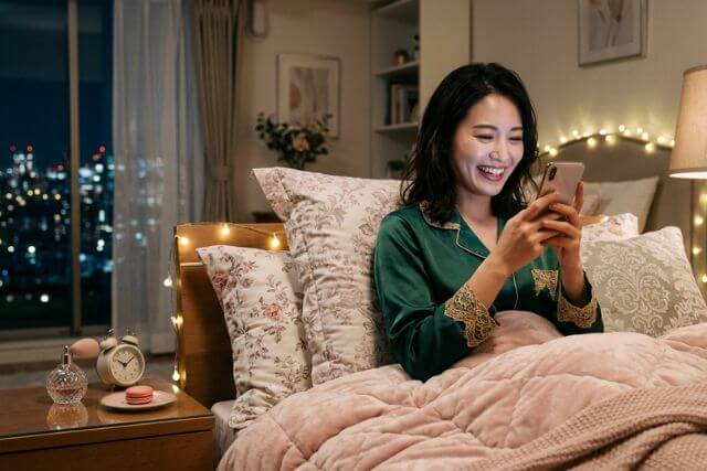 ベッドでスマホを触る笑顔の女性