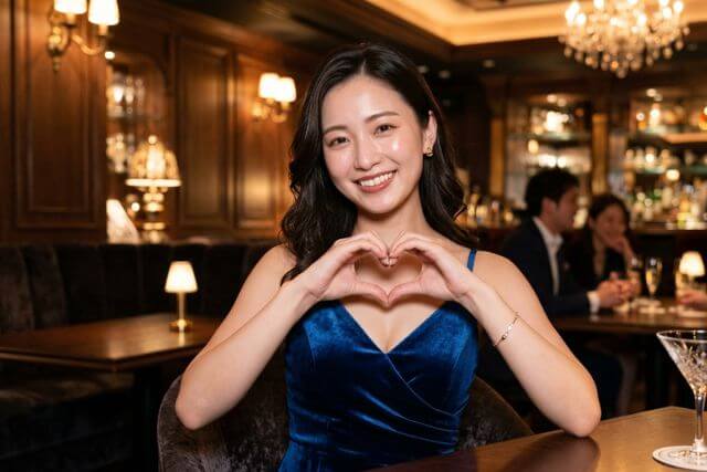 指でハートマークを作るキャバ嬢の女性