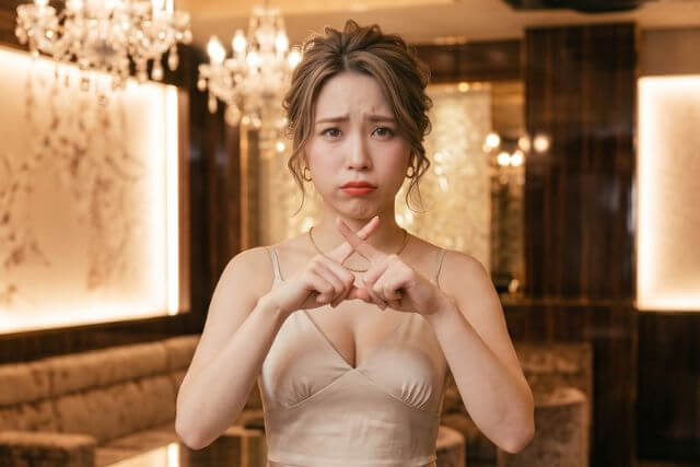 指でバツを作るドレスの女性