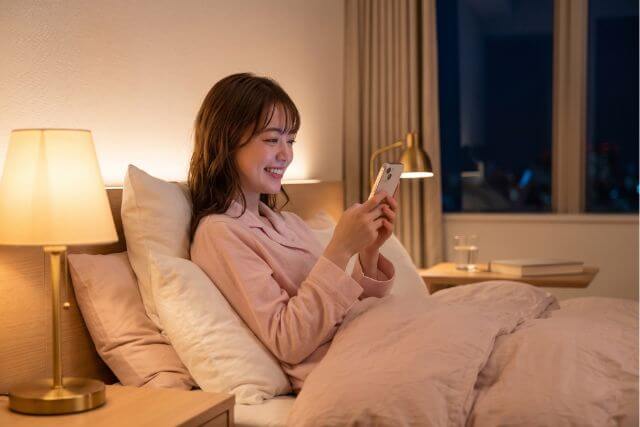 ベッドでスマホを見る女性