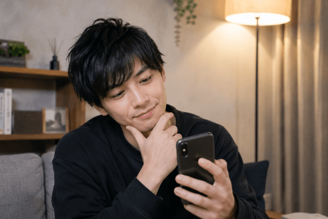 スマホを見て微笑む男性