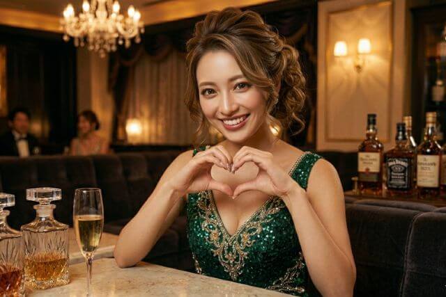 ハートサインを作る緑のドレスのキャバ嬢