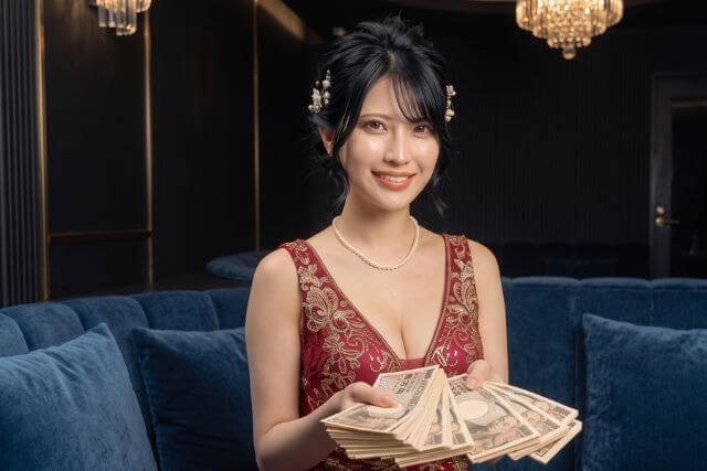 たくさんの一万円札を持つキャバ嬢