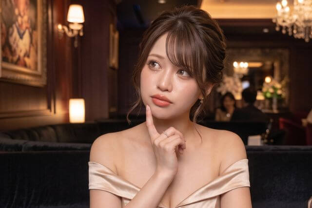 顔に指を当てて斜め上を見るキャバ嬢
