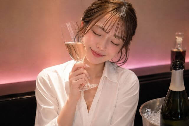 シャンパンを持って目を瞑る笑顔の女性