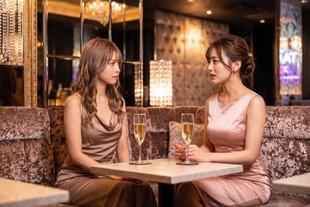 キャバクラの店内でソファに座って真剣に話す二人のドレスの女性