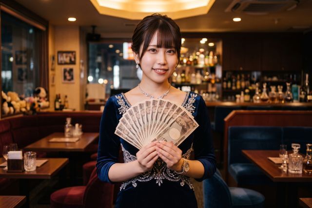 ドレスを着て一万円札を扇状に広げる女性