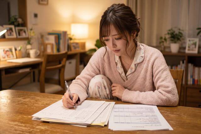 自宅で紙に書き込む女性
