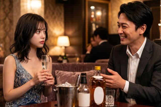 笑顔のスーツの男性と嫌そうなドレスの女性
