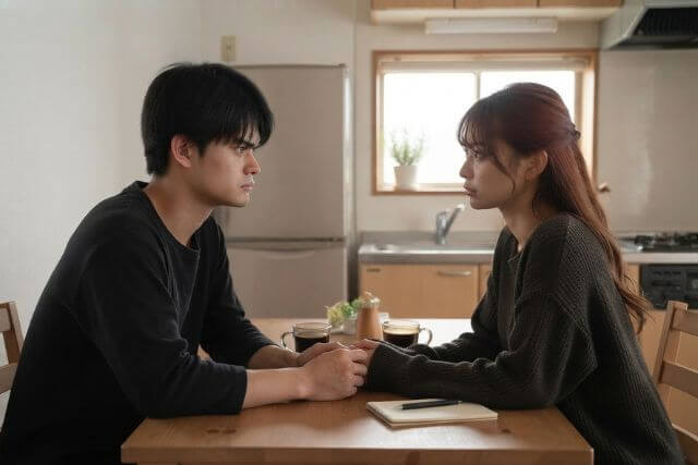 テーブルを挟んで手を握りながら話す男女