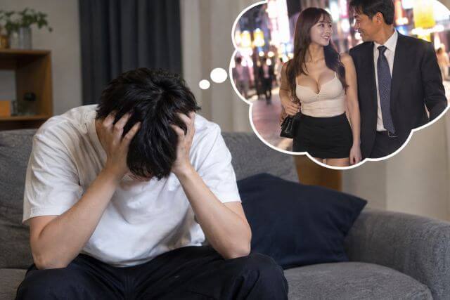 20代前半の男性が自宅のソファで頭を抱えて俯いている。頭から吹き出しが出ていて、その中には20代前半のセクシーなトップスをきた女性がスーツの40代男性と夜の繁華街を歩いている