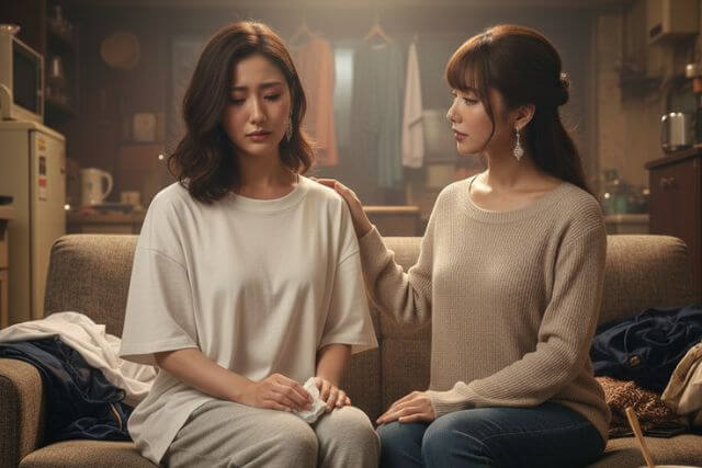 ソファに座って悲しげな表情の女性と肩trueに手を当てるもう一人の女性