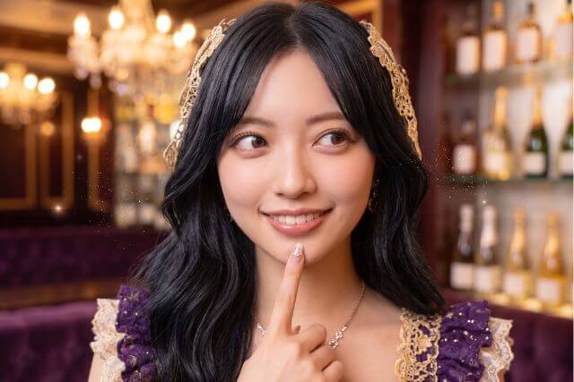 顎に指を当てて笑顔で横を見る女性