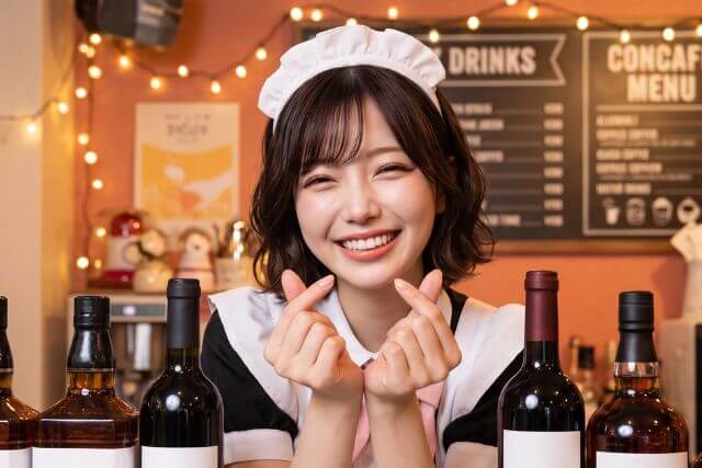 指ハートするメイド服の女性