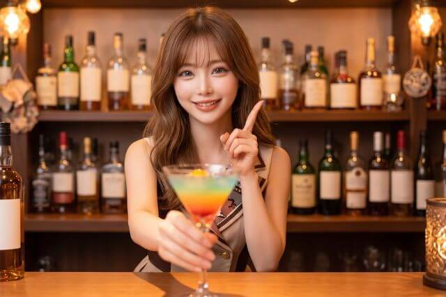 バーでカクテルを差し出す女性