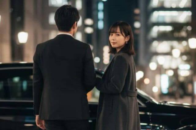 スーツの男性と、コートを着た若い女性がこちらを振り返る様子