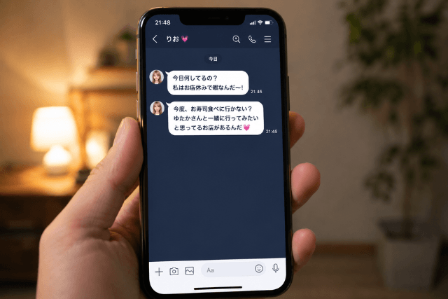 メッセージが来ているスマホを持つ男性の手元