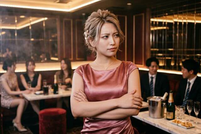 キャバクラの店内で腕を組んで怪訝な表情の若い女性