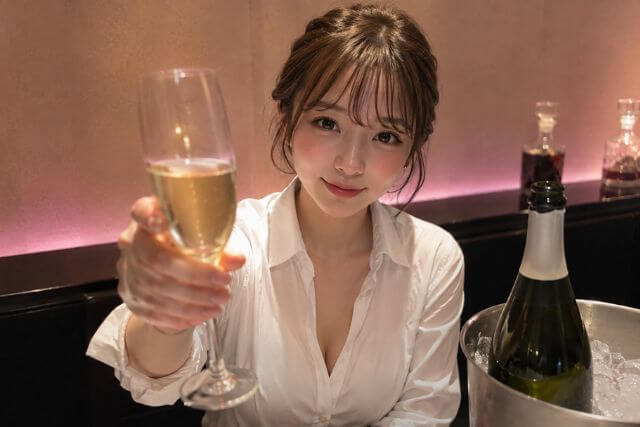 シャンパンを前に掲げる女性