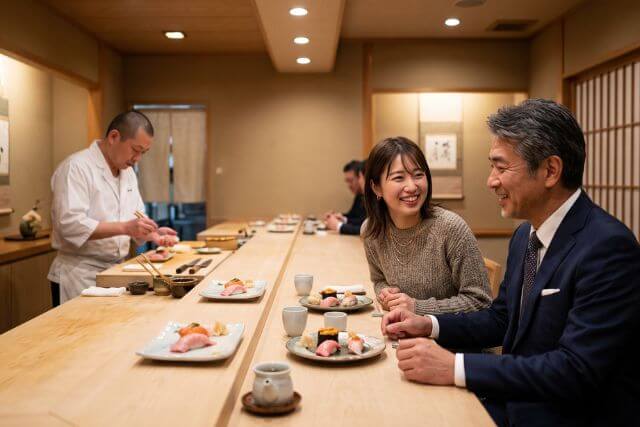 カウンターの寿司店で話す女性と男性