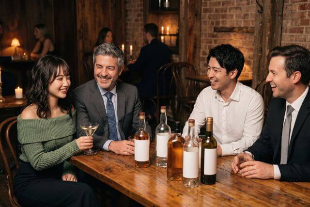 女性一人と男性三人で飲んでいる様子