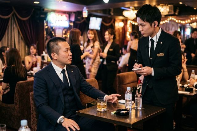 キャバクラで黒服に注文しているスーツの男性客