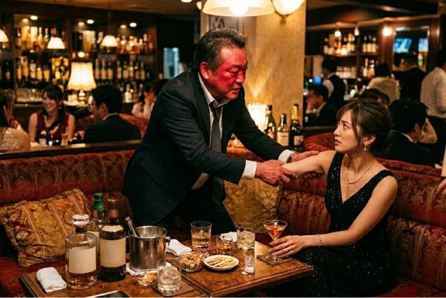 キャバ嬢の肘の辺りを両手で掴んで、お願いしている男性客