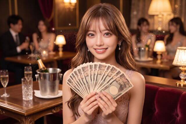 一万円札を扇のように広げて持つ女性