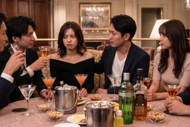 困った表情の女性と男性・女性で飲む様子