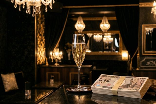 キャバクラのテーブルに置かれたシャンパングラスと札束