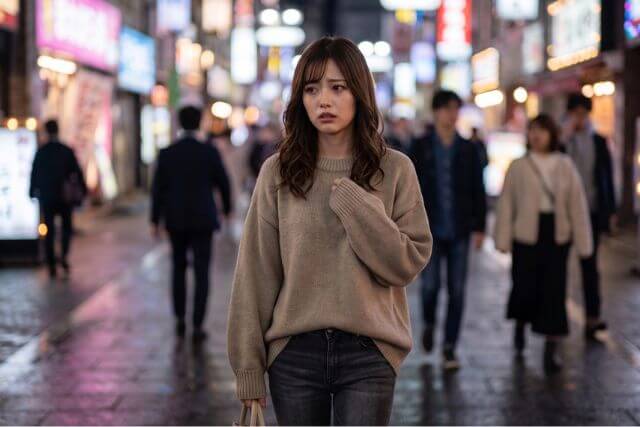 夜の街を歩く女性