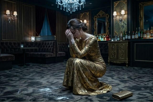 暗いキャバクラの店内でしゃがみ込む女性