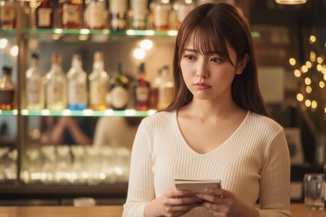 バーの前に立ってメモを持ってうかない顔をする女性