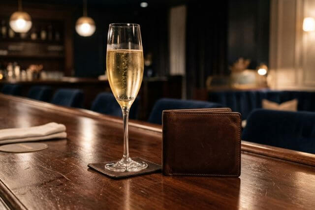 シャンパングラスの横に置かれた紳士用財布