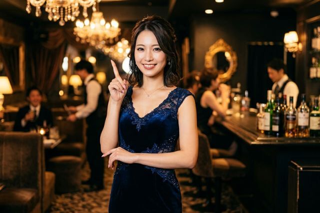 キャバクラの店内で人差し指を立てる紺色のドレスのキャバ嬢