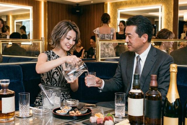 キャバクラでお酌している女性とスーツの男性客