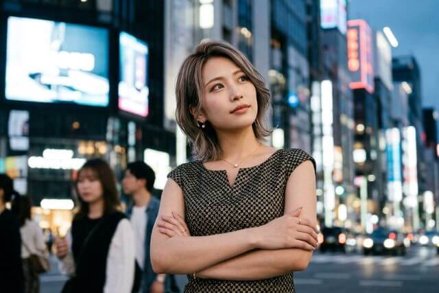 夜の繁華街で腕を組んで立っている若い女性