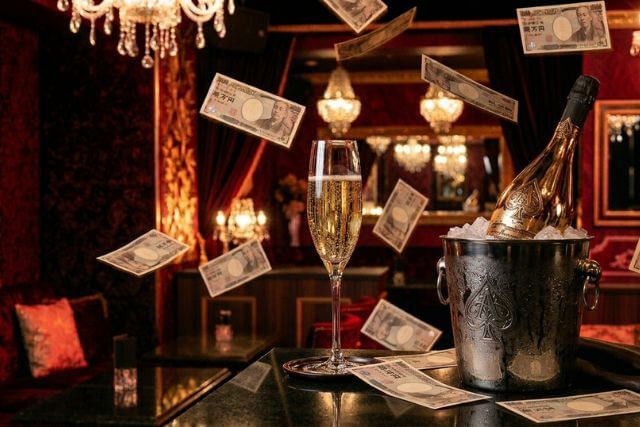 黒が基調のキャバクラ店内でテーブルに置かれたシャンパングラスと舞っている万札