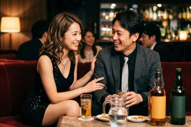 スーツの男性に手を添えながら話すキャバ嬢