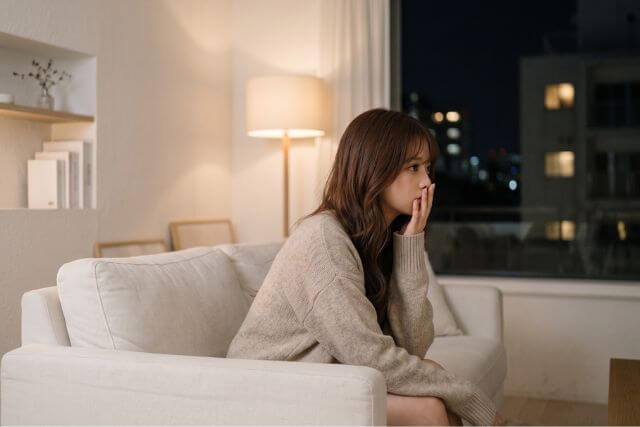 口に手を当てているソファに座る女性